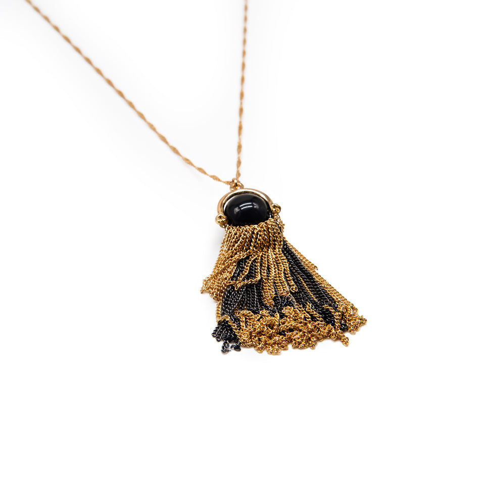 Multi-Chain Tassel Black Bead Necklace