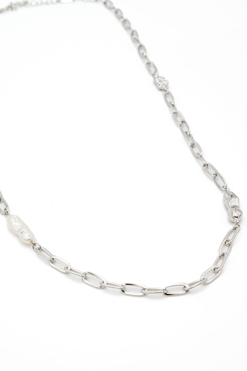 Long Faux Pearl Silver Link Necklace