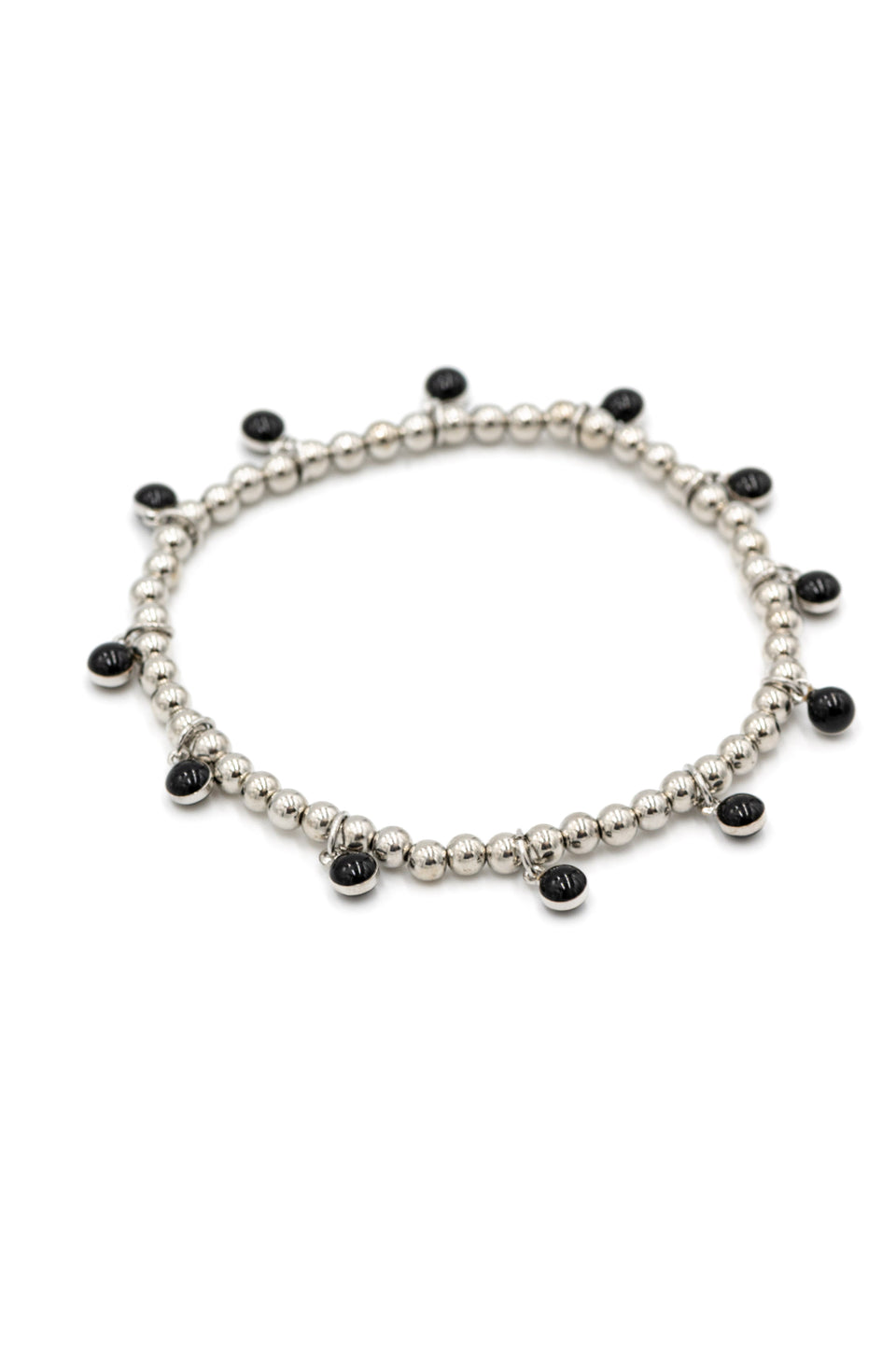 Black Enamel Round Charm Bracelet - Silver