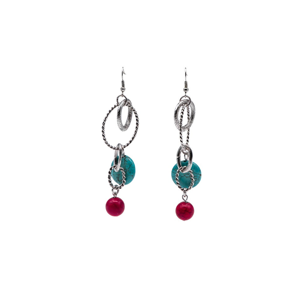Turquoise & Coral Multi-Ring Stone Earrings
