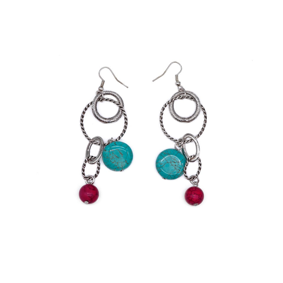 Turquoise & Coral Multi-Ring Stone Earrings